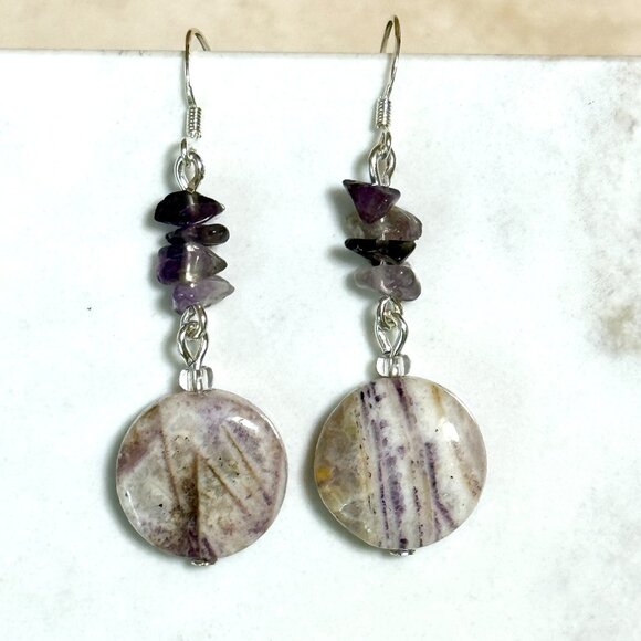 2/$20, Genuine Purple Opalized Fluorite Earrings, Sterling Silver Hooks+Gemstone - Picture 1 of 11